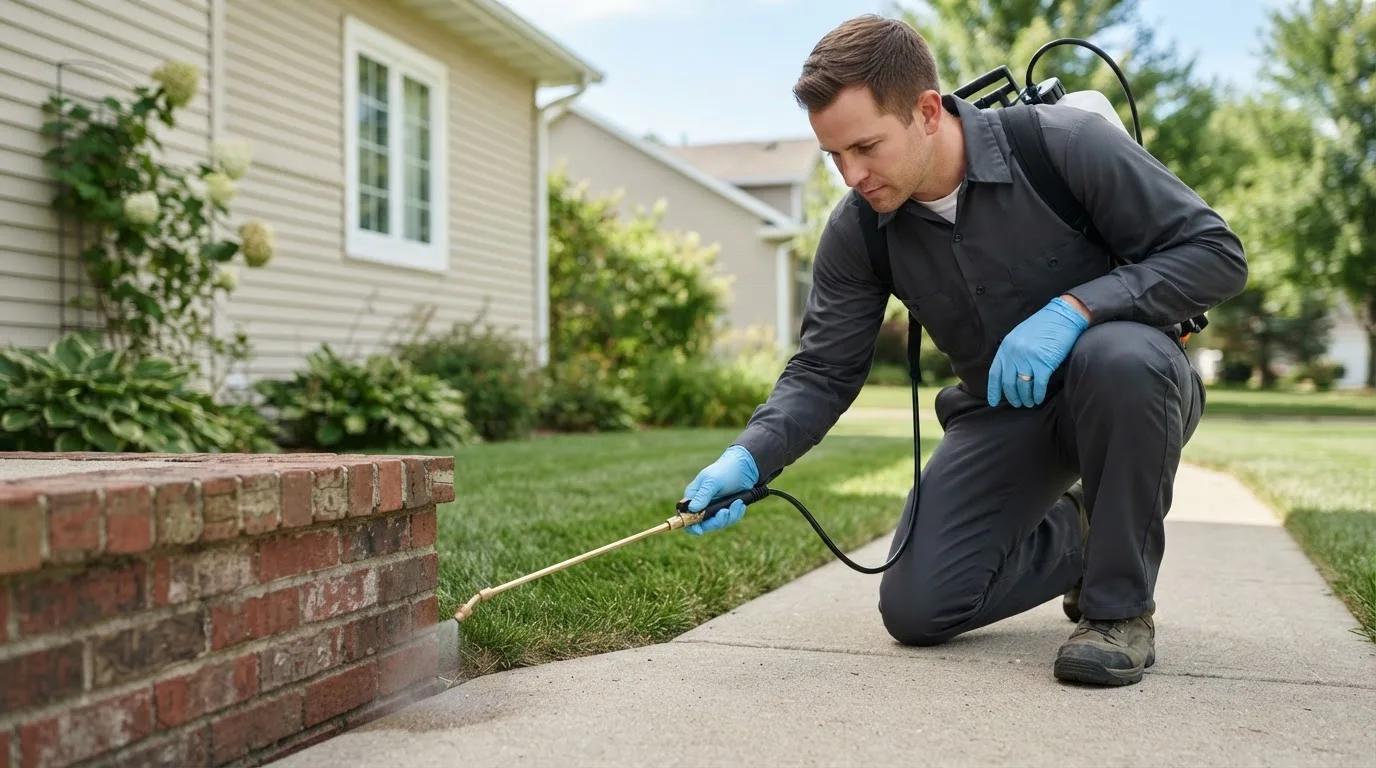 Pest control technician treating a home near Greenfield, IN