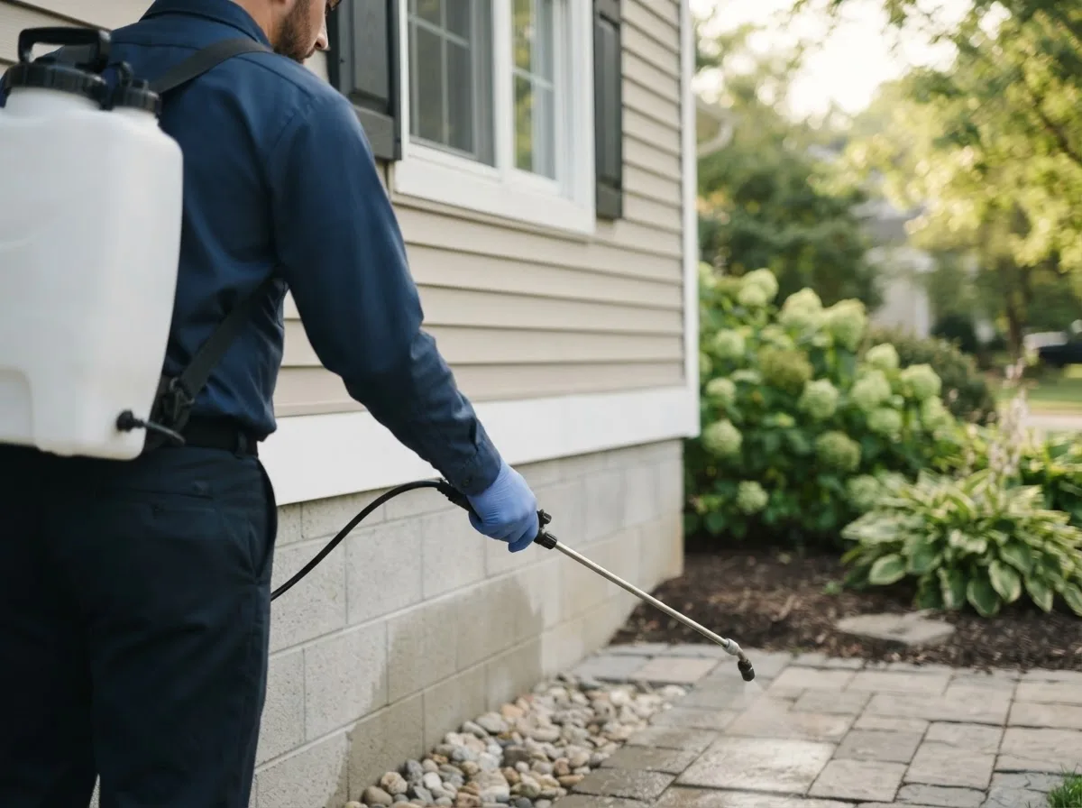 Pest control technician inspecting a home in Greenfield, IN
